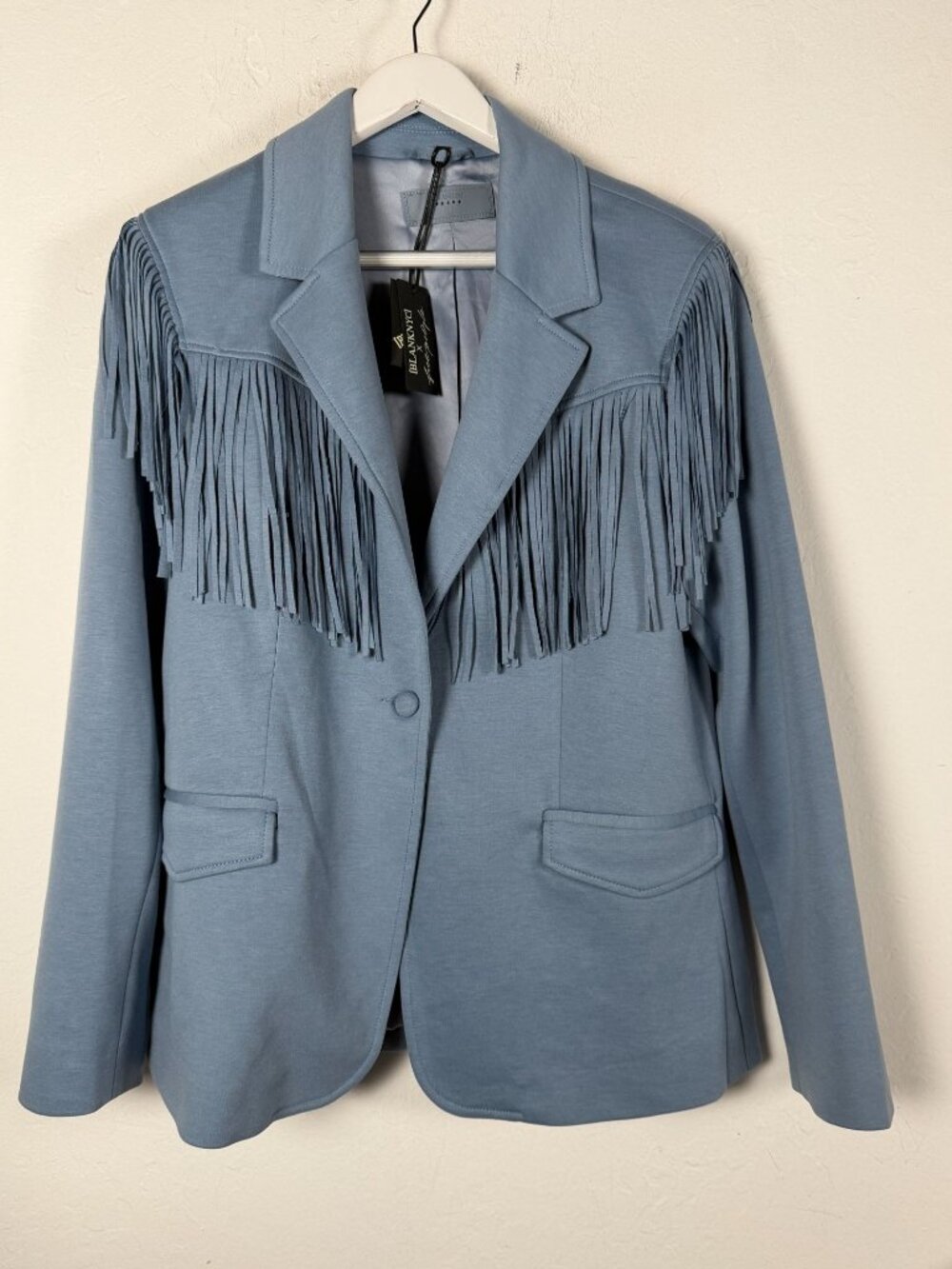 BLANKNYC x Free People Womens Blue Fringe Blazer Jacket Show Stopper Large New